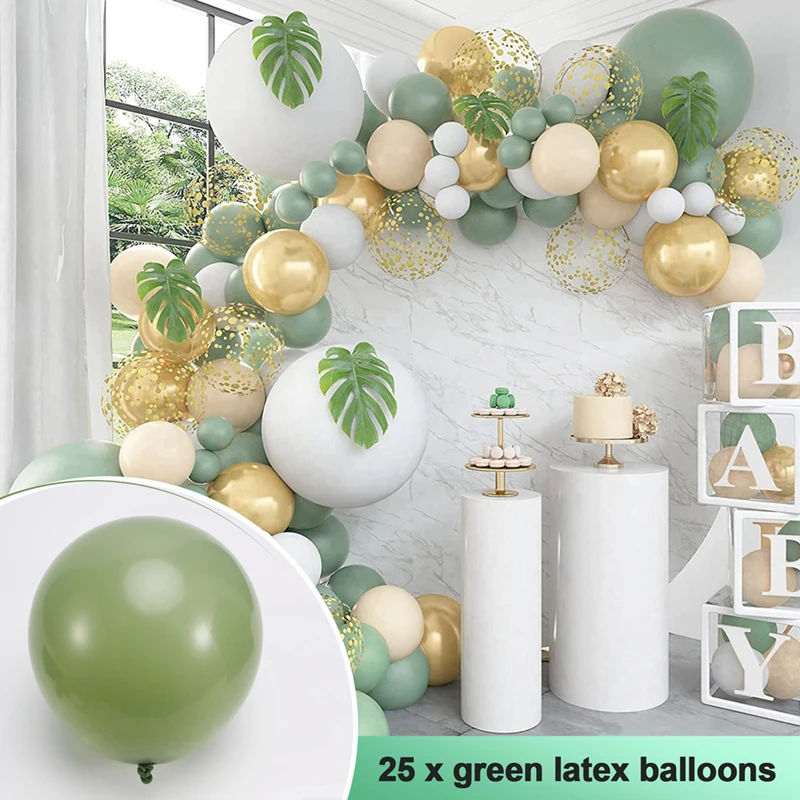 Sage Green And Gold Balloons, 67Pcs 12 Inch Sage Green Gold White Gathering Balloons For Birthday, Wedding