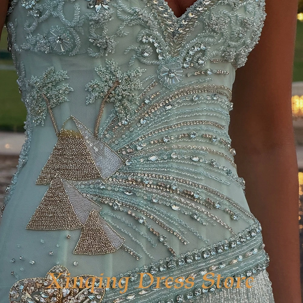 Exquisite Mermaid Evening Dress Luxury Crystal Flowers Tassel Customized Celebrity Gowns Delicate Tulle Bridal Party Dresses view 5