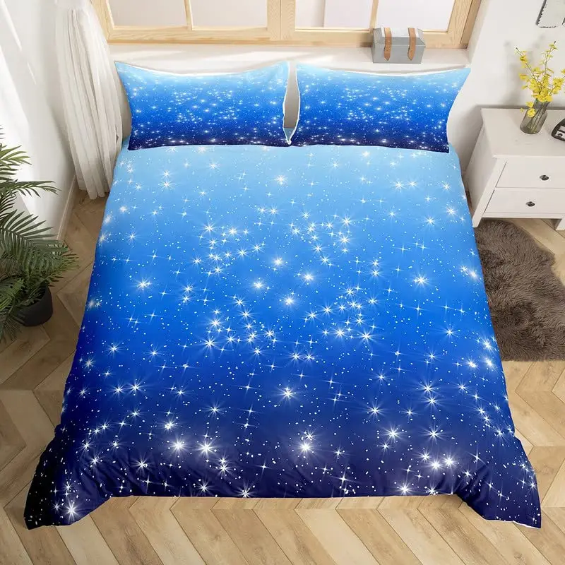 

Starry Sky Duvet Cover Set Blue Glitter Comforter Cover Twin Queen for Boys Girls, Sparkle Galaxy Twinkle Starlight Bedding Set