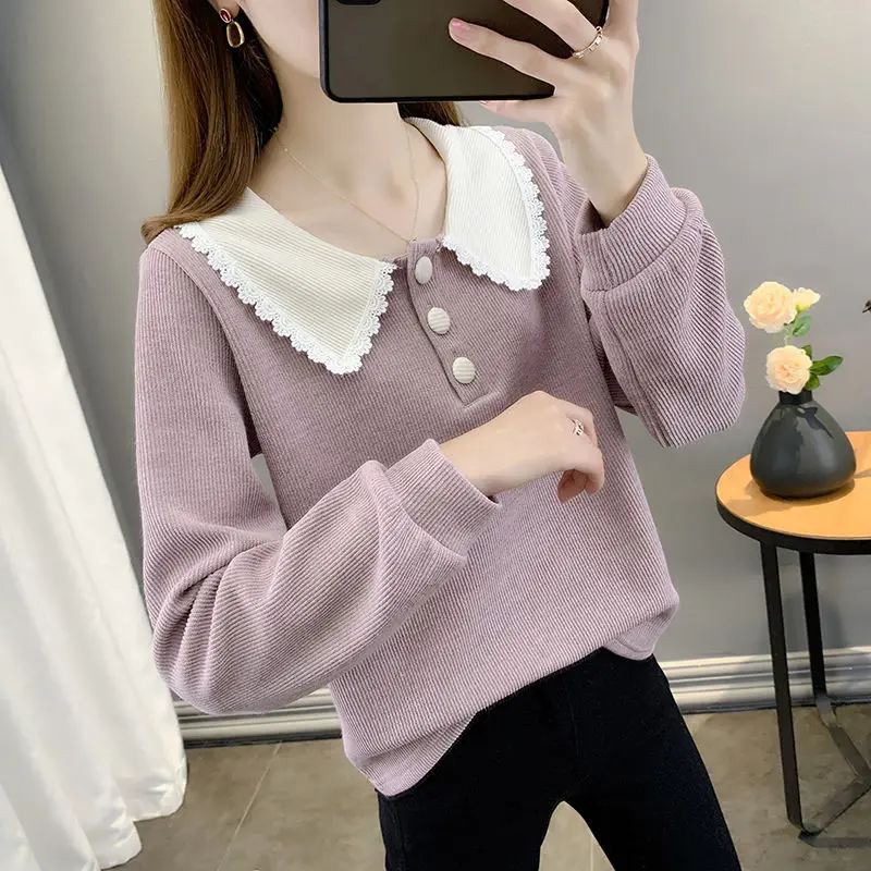 Sweet Fashion Peter Pan Collar Loose Long Sleeve Sweaters Women\'s Clothing All-match Lace Cut Solid Color Knitted Jumpers Female