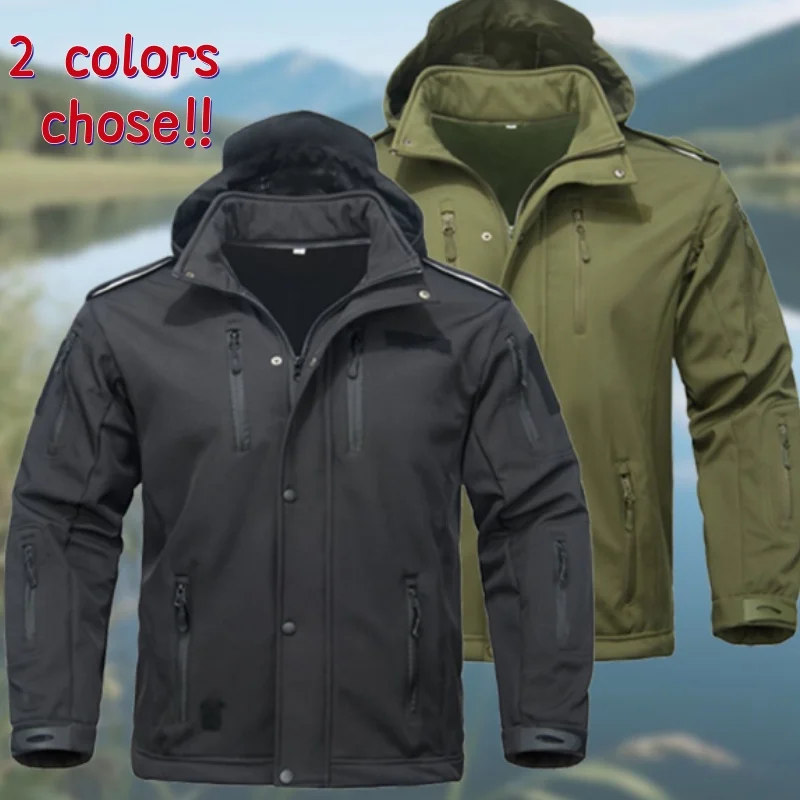 

Men's Cold and Warm Outdoor Tactical Jacket, Multi Pocket Windproof and Waterproof Soft Shell Shark Leather Jacket, Hooded Top