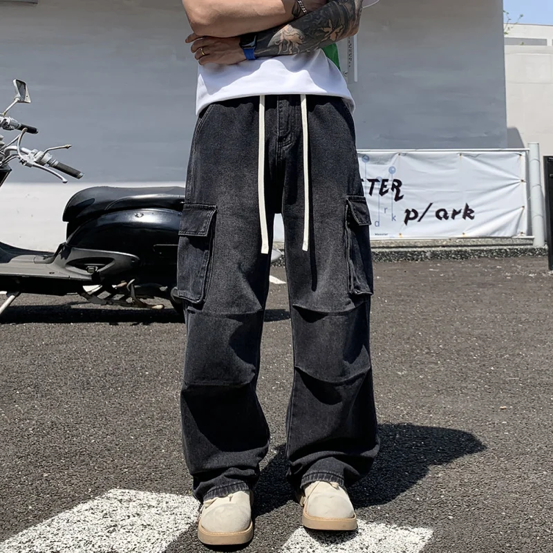 Men's  Washed Cargo Jeans Pants Y2K Streetwear Multi-Pockets Adjustable Drawstring Distressed Vintage Workwear Denim Trousers