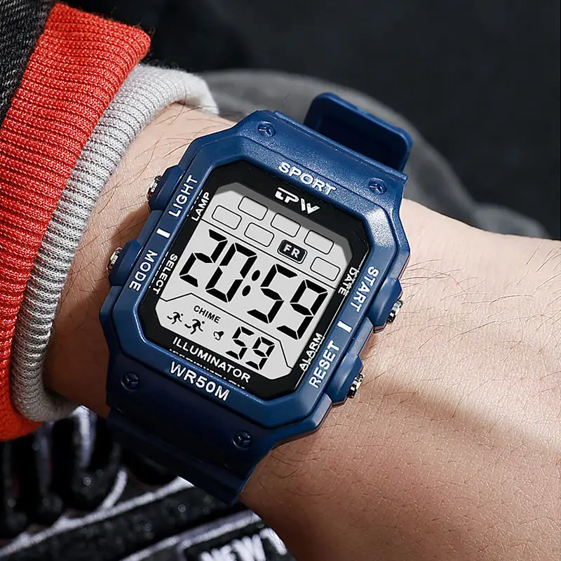 Outdoor Sports Trend Square Watch Large Electronic Screen Display Digital Wristwatch 50M Waterproof Shock-Resistant LED Clock
