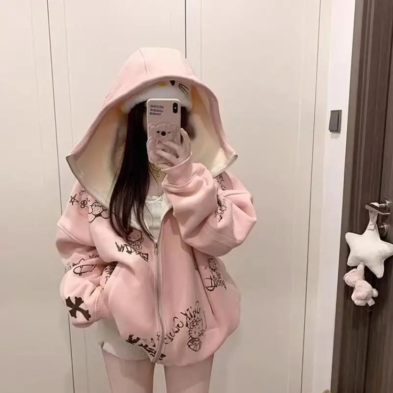 

Толстовка Sanrio Hello Kitty с капюшоном, на флисовой подкладке, теплая, женская, зимняя, в стиле «ленивый шик», милый, молодежный, в корейском стиле, с принтом, уютная