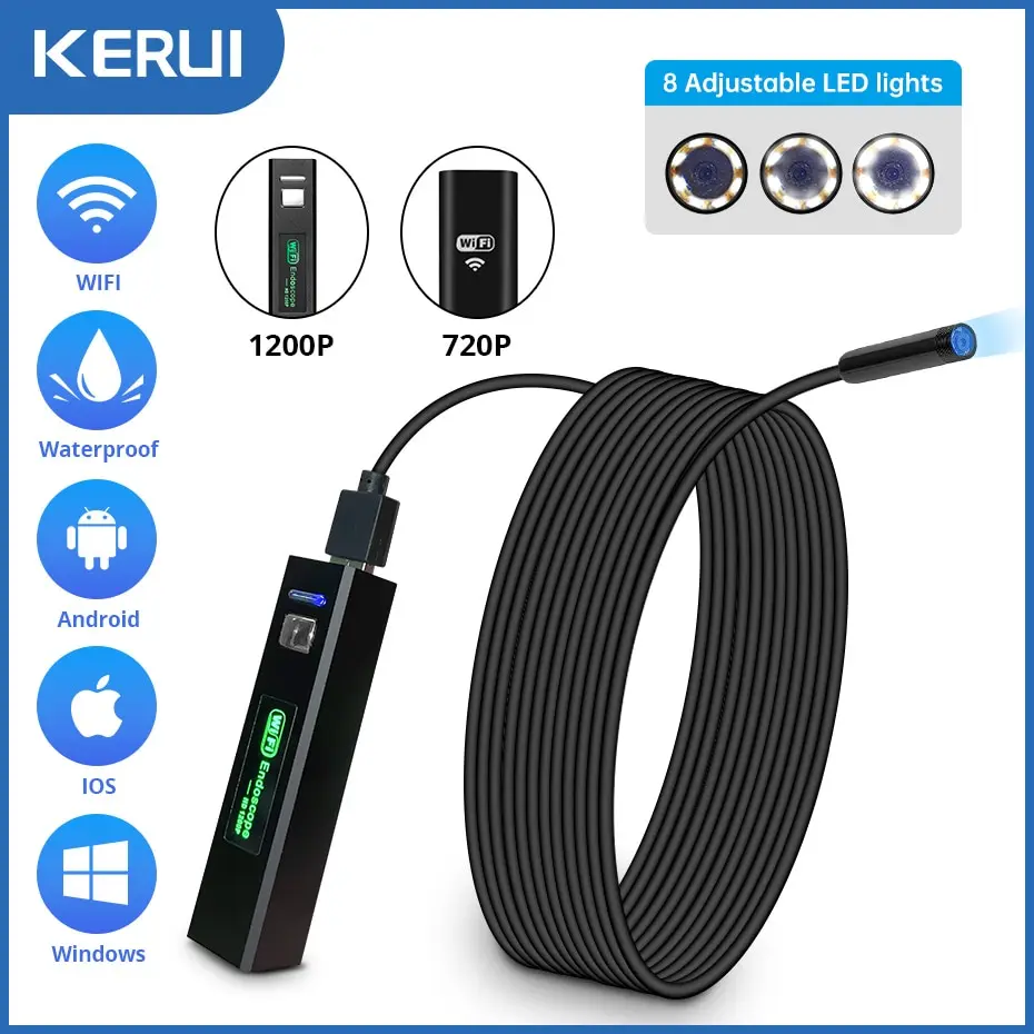 KERUI 1200P WiFi Endoscope Camera Waterproof Inspection Snake Mini Camera USB Borescope for Car for Iphone Android Smartphone