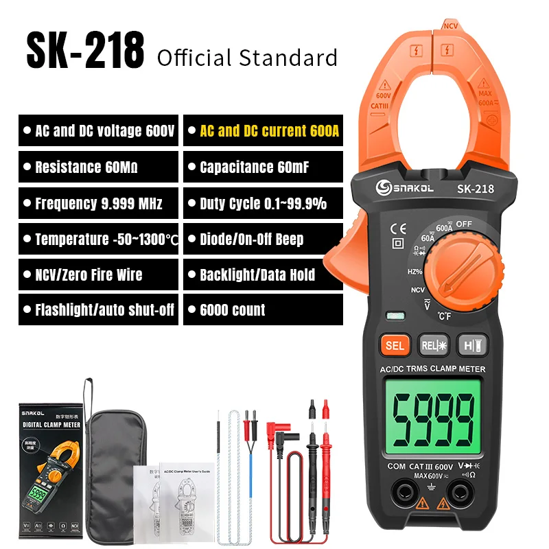 SNAKOL Digital Clamp Meter 600A Current True RMS Smart Plier ammeter Auto Rang 6000 Multimeter DC AC Voltage Hz Ohm NCV Tester