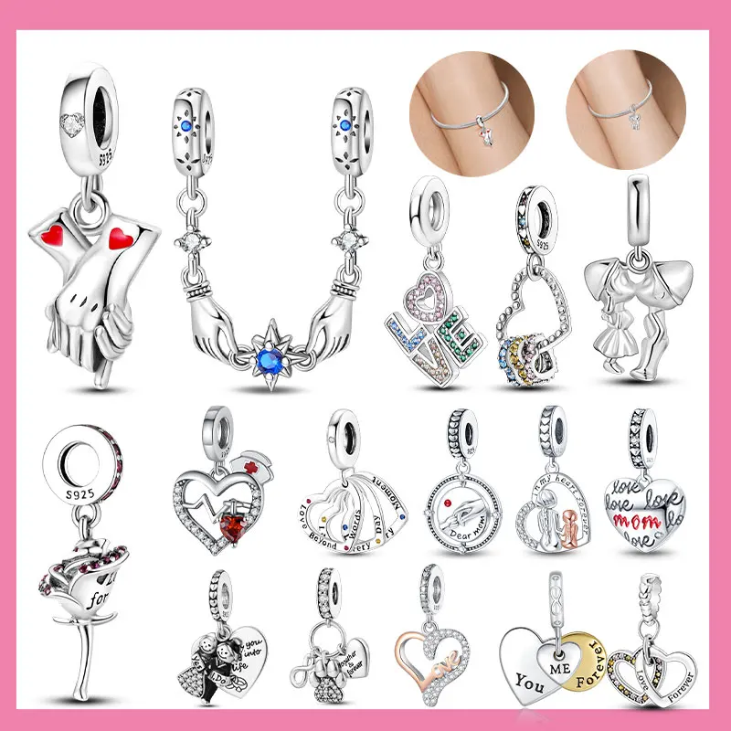 

Original Charms 925 Silver Couple Passionate Holding Hands with Red Heart Safety Chain Bead Fit Bracelets DIY Jewelry Women Gift