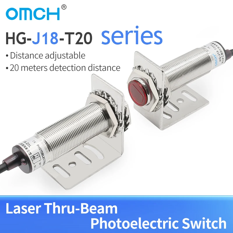 OMCH HG-J18-T20 PNP NO NPN detection range 20m M18 Visible Laser through beam Photoelectric Sensor Adjustable Min Spot 1mm