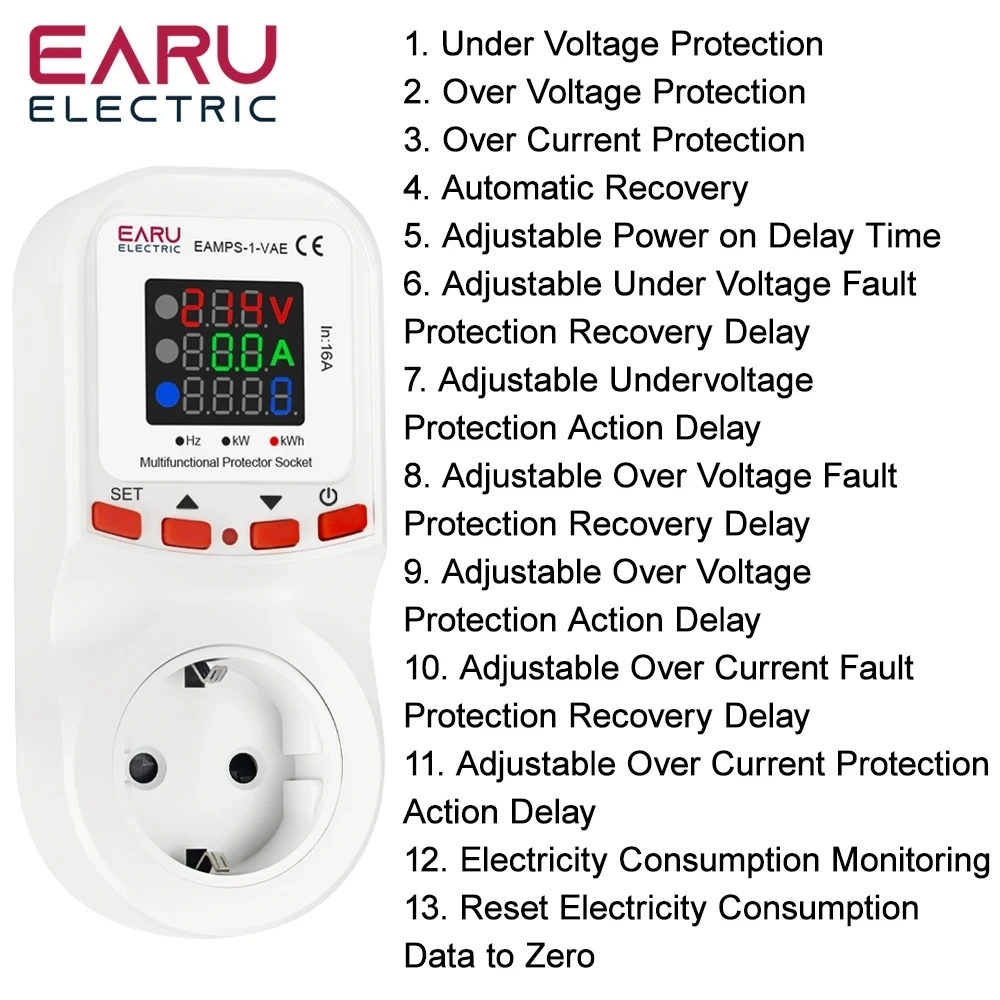 

Обменитель перенапряжения и тока, защита, розетка европейского стандарта, вилка 16 А переменного тока, 230 В, 50/60 Гц, монитор энергии, счетчик кВтч для бытовой техники