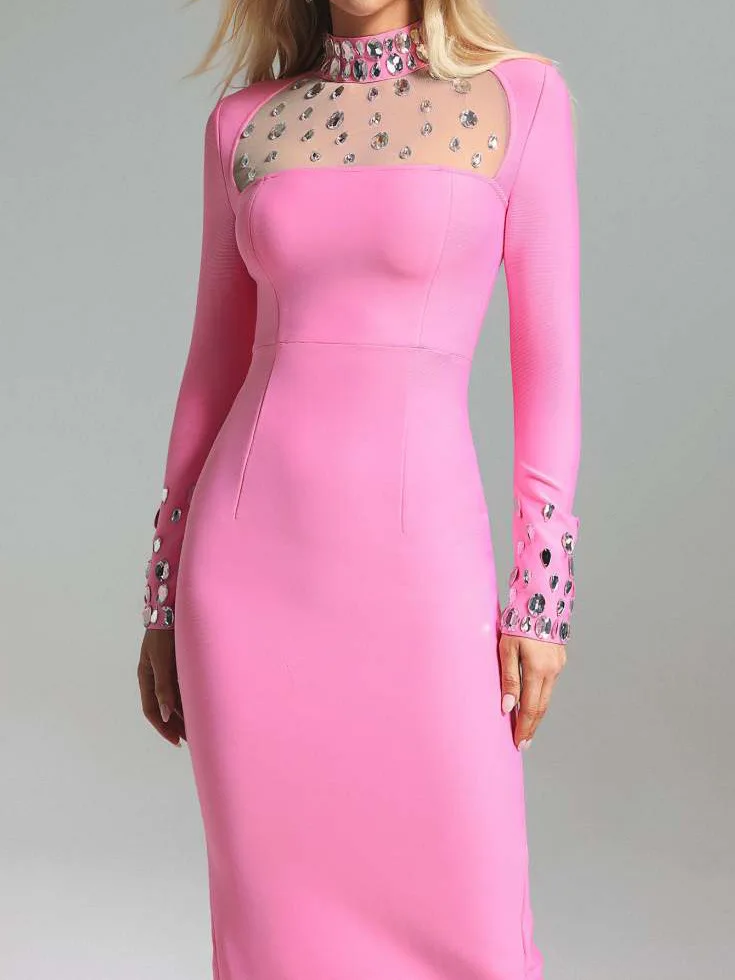 New Sexy Women Pink Long Bandage Dress Stand Collar Long Sleeved Sheer Nail Bead Decoration Bodycon Dress Evening Party Vestido