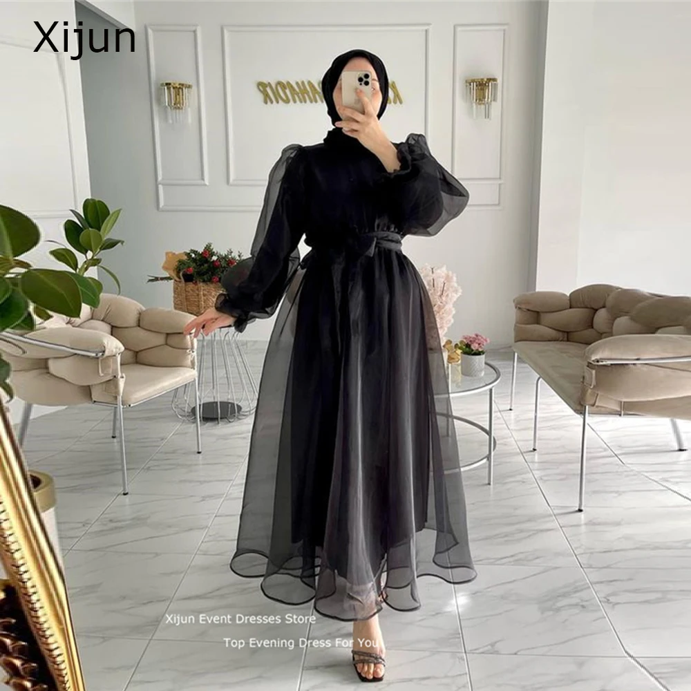 Xijun Black Modest Short Evening Dress Organza Prom Dress Long Sleeves Prom Gowns Formal Arabric Ankle Length Party Dress 2023