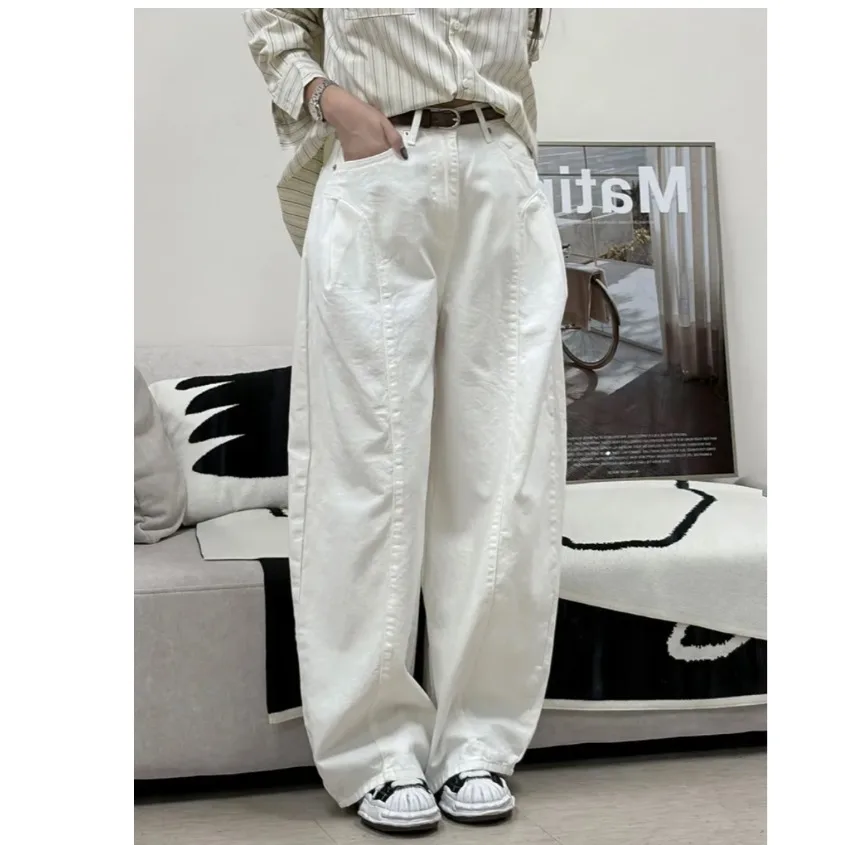 Casual High Waist Wide Leg Jeans Patchwork Straight Leg Versatile Denim Pants for Everyday Wear Standard Size Cotton Blend