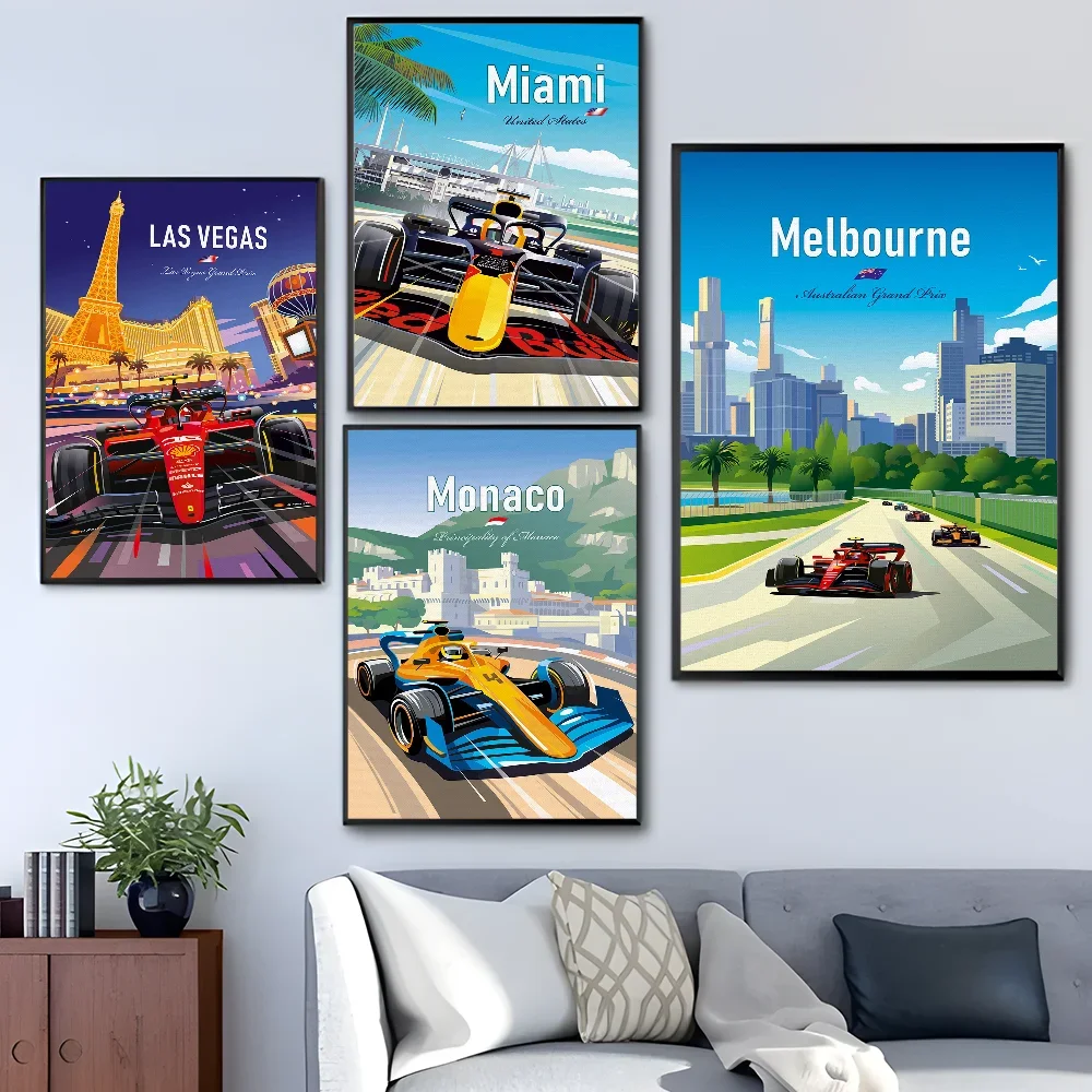 MiaMi F1 Neon City Watercolor Racing Vintage Posters Sticky Vintage Room Home Bar Cafe Decor Kawaii Room Decor