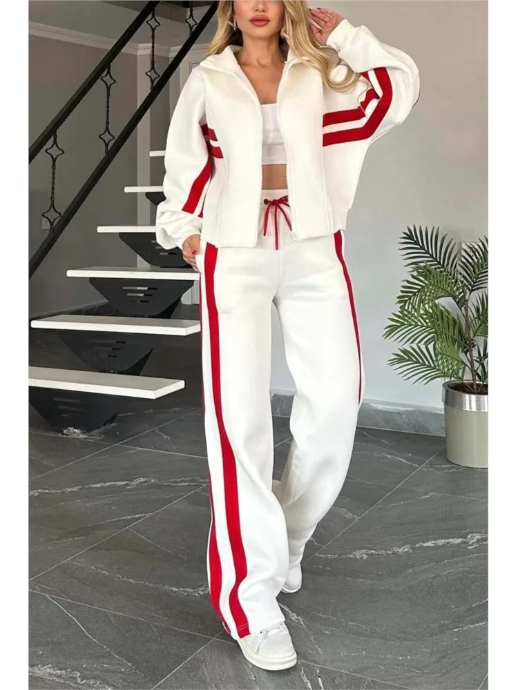 Autumn Winter Women\'s New Hoodie Suit Y2K Striped Zipper Loose Fit Jacket Outwear And High Waist Side-striped Pants Sports Sets