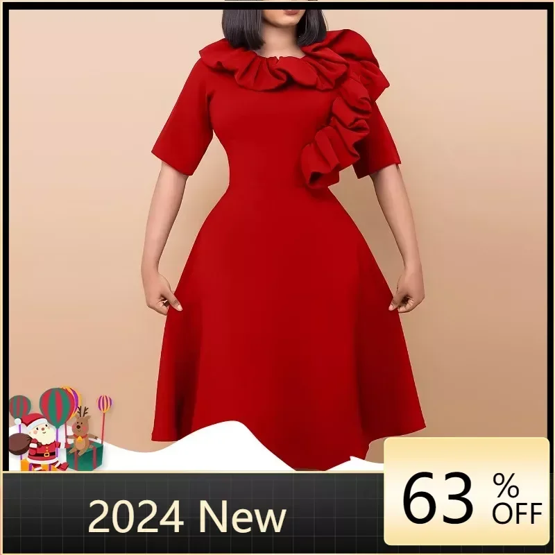 

Elegant Dresses for Women Round Neck Half Sleeve Ruffles High Waisted A Line Pleated Mid Calf Formal Business Work Wear Dress OL