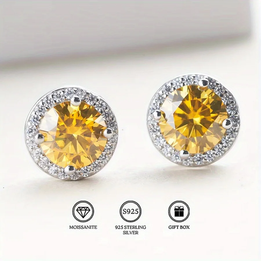 

1pair 1/2/3Carat Round Yellow Moissanite Stud Earrings - Boasting A Vintage and Sexy Look. with 925 Silver Posts.