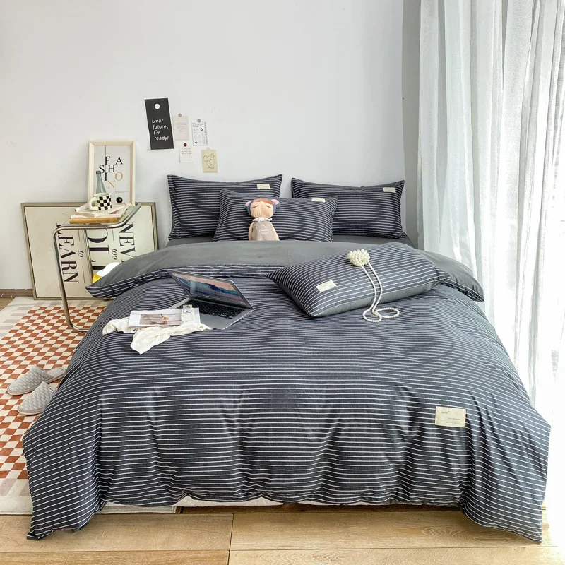 

Японский простой стиль, комплект пододеяльников в клетку, постельное белье в полоску, декор для спальни, приятный для кожи, дышащий, 1 пододеяльник, 2 наволочки