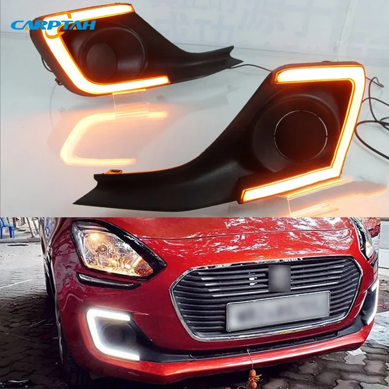Car LED Daytime Running Headlamps For Suzuki Swift 2017 2018 2019 Daylights Yellow Turn Signal Auto DRL Foglamp view 6