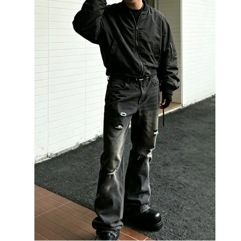 OIQERE European American Mens Heavyweight Ripped Jeans High Street American Trendy Micro Flare Long Denim Trousers