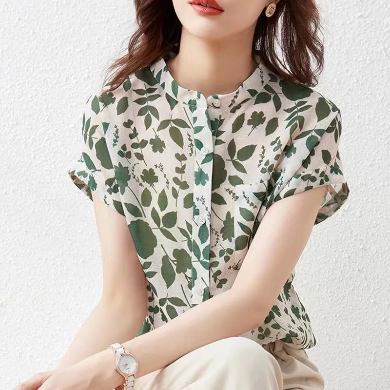 Women Summer Style Chiffon Blouses Tops Lady Casual Short Sleeve Stand Collar Flower Printed Blusas Tops SP1498