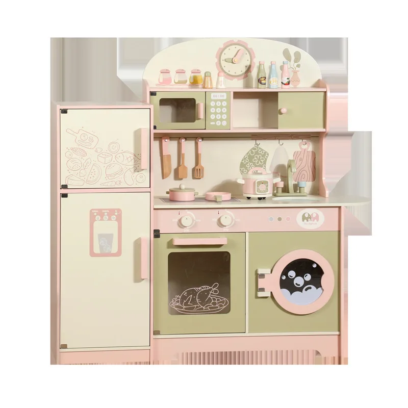 Rosa grüner Kühlschrank Küche Spielhaus Baby Kochspielzeug Holz Simulation Kochset Spielzeug