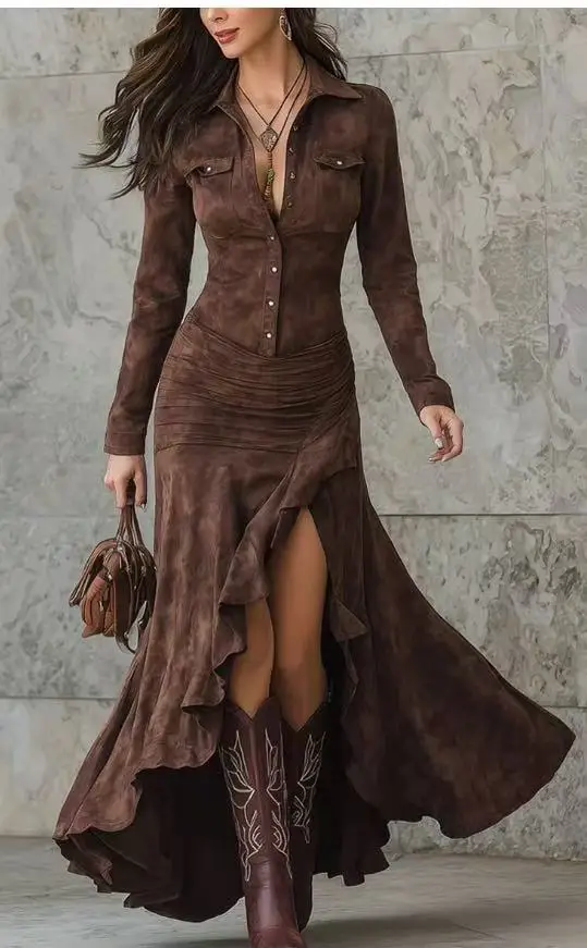 

SKMY New Autumn And Winter High Waisted Sexy Split Ruffles Patchwork Long Sleeve Shirt Dress Women Clothing Party V-Neck Dress