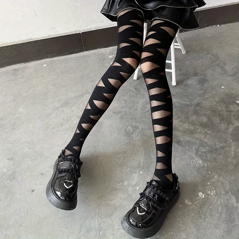 Women's Semi Sheer Bandage Style Pantyhose Hosiery Black White Tights with Cross-Banded Design Sexy Gothic Cosplay Stockings