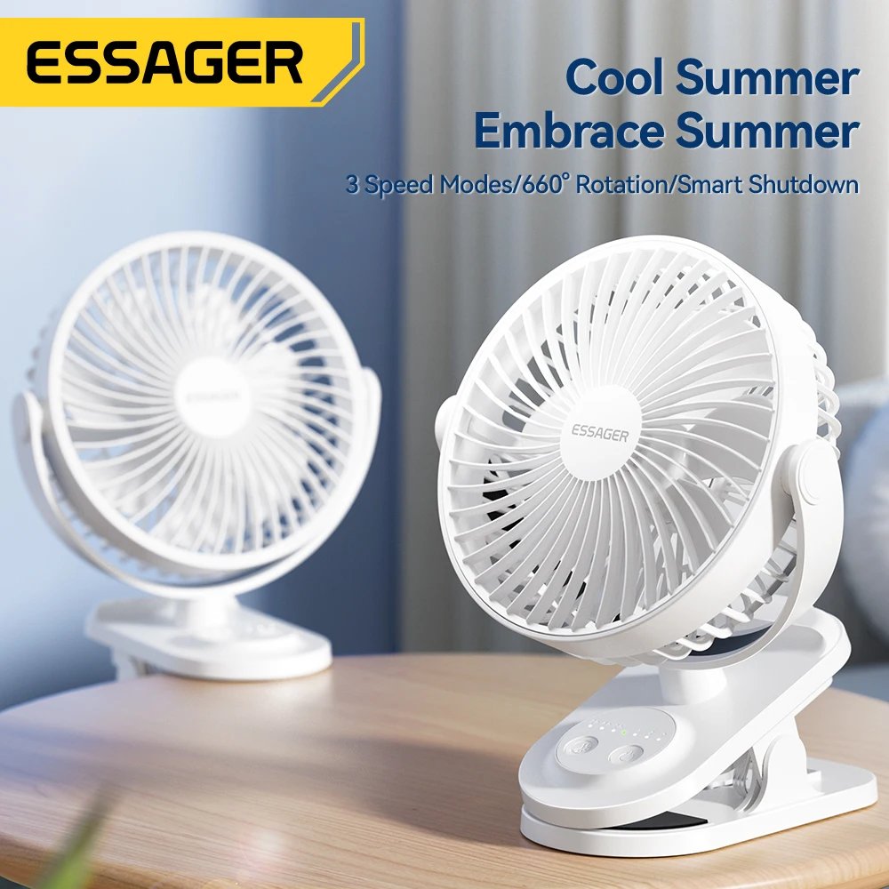 Imagem -02 - Ventilador de Mesa Portátil Essager Ventilador com Clip Temporizador Ajustável de 660 Graus Ventilador de Mesa de Refrigeração Mini Ventilador Mudo para Dormitório e Escritório Velocidades