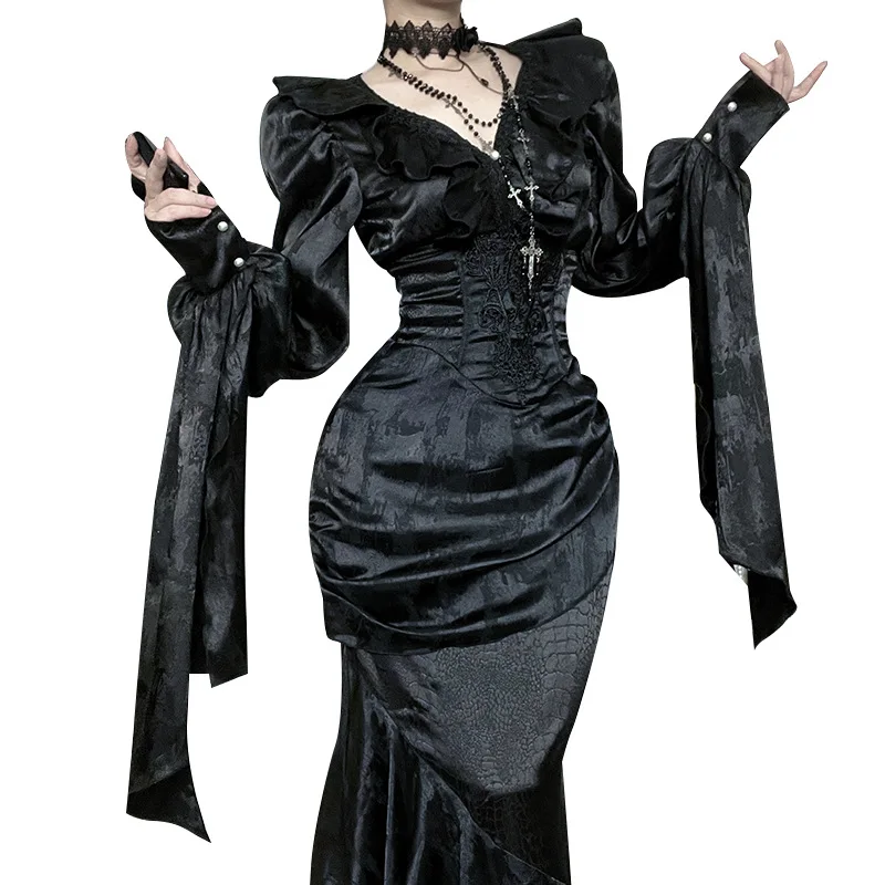 2025 Halloween cuello en V con volantes de manga larga Top otoño nuevo Retro versátil vestido camisero mujeres elegantes vestidos largos hermosos