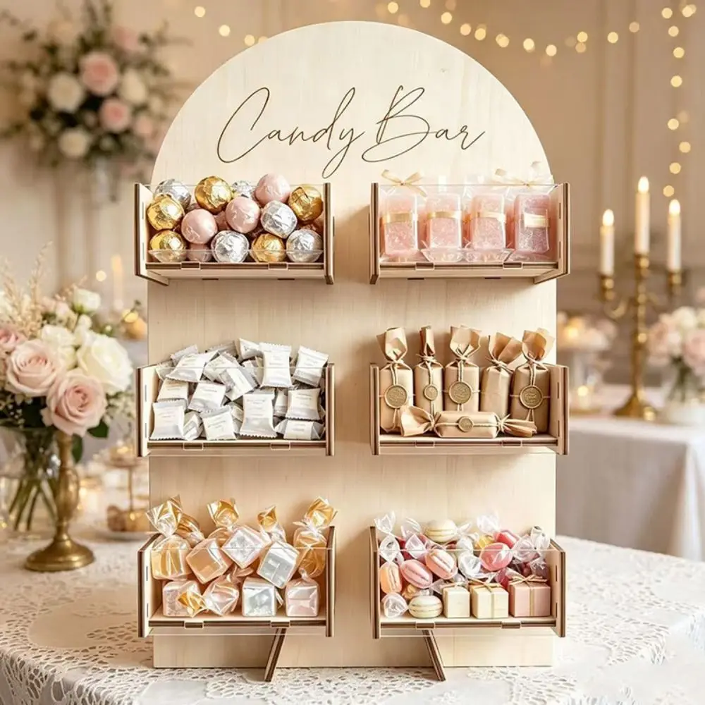 4/6Grids Candy Display Stand Desktop Rack Easy Install Dessert Snack Display Box Detachable Wood Party Table Decoration Rack