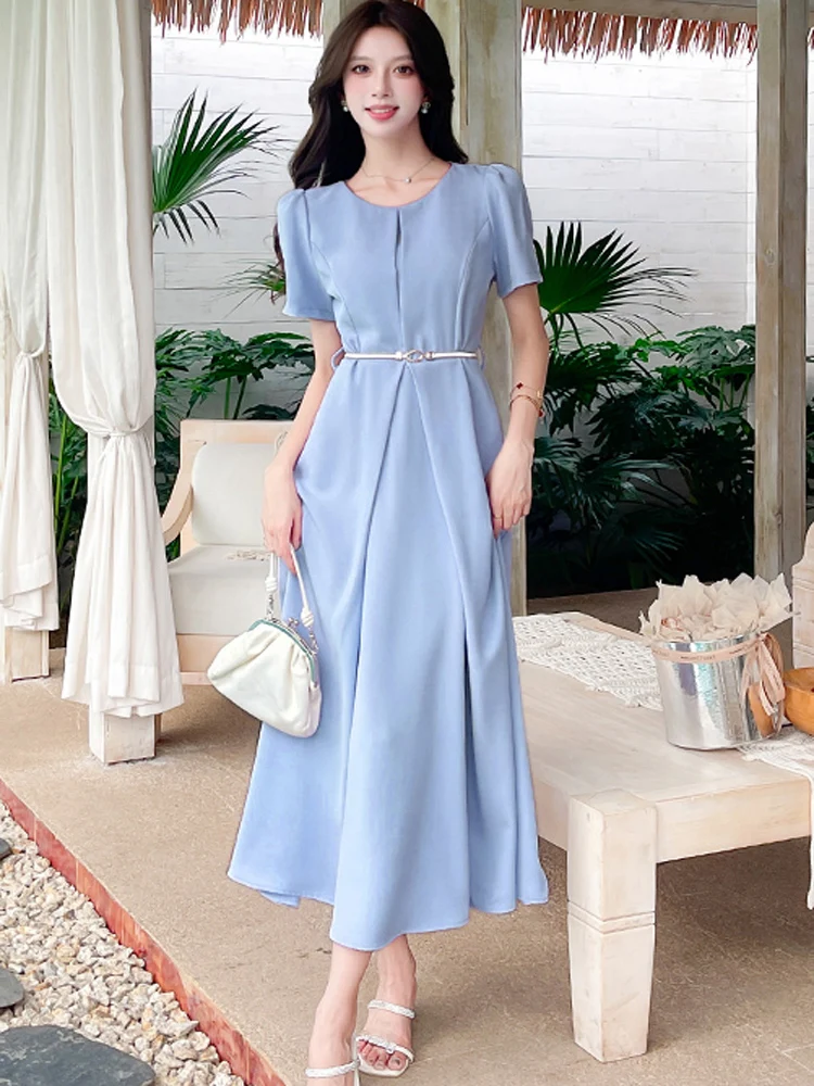 ภาษาฝรั่งเศสคําอารมณ์Elegant Lady Office Work Partyชุดผู้หญิงฤดูร้อนO-คอพัฟแขนสั้นSlimเข็มขัดA-Line Dresses