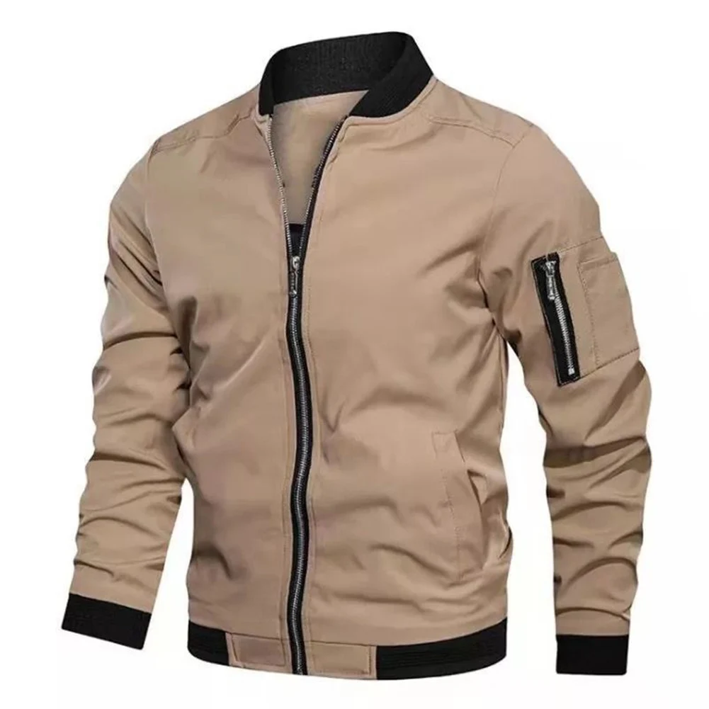 Men For Slim Fit Polyester Stand Collar Jacket Zipper Closure Pockets Regular Length Long Sleeve Cardigan Outerwear