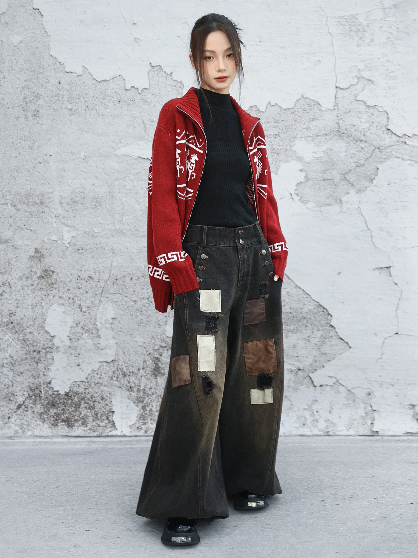 

Retro Heavy Du Denim Lantern Pants Women Winter Bla Brown Waed Patchwork Cotton Ladies Casual Pants Low Waist Button