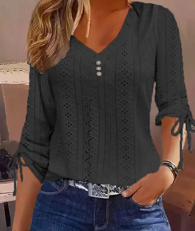 Camiseta para mujer, ropa lisa con cuello en V, jersey de manga larga con botones de Jacquard, Top blanco, ropa de calle Y2k 2023