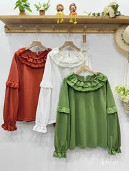 Mori kei clothing 100% cotton original women's blouses Japan short sleeve cartoon embroider shirts Youthful woman clothes