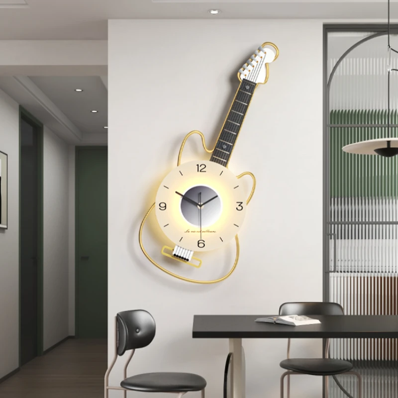 Home Decor Guitar Shaped Wall Clock Living Room Decoration Atmosphere Light Clock Modern Design Watch