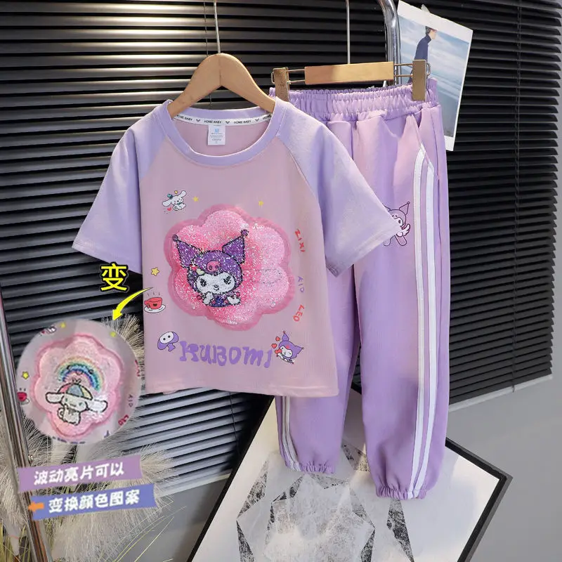 Sanrioed My Melody Kuromi-Ensemble de mode pour filles, T-shirt d'été pour enfants, Pantalon décontracté, Dessin animé brodé, Manches courtes, FjSet, Nouveau