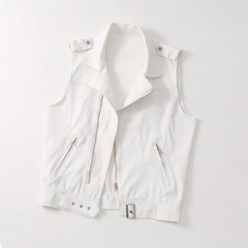 2023 New Women\'s Denim Tank Top Jacket Fashion Spring Summer Zipper White Sleeveless Tank Tops Female Jeans Tank Coat