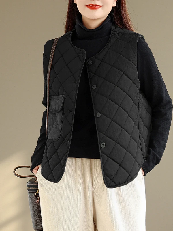 Dames casual lichtgewicht donskatoenen vest Svel jas verdikte polyestervezel ronde Ne enkele knoopsluiting