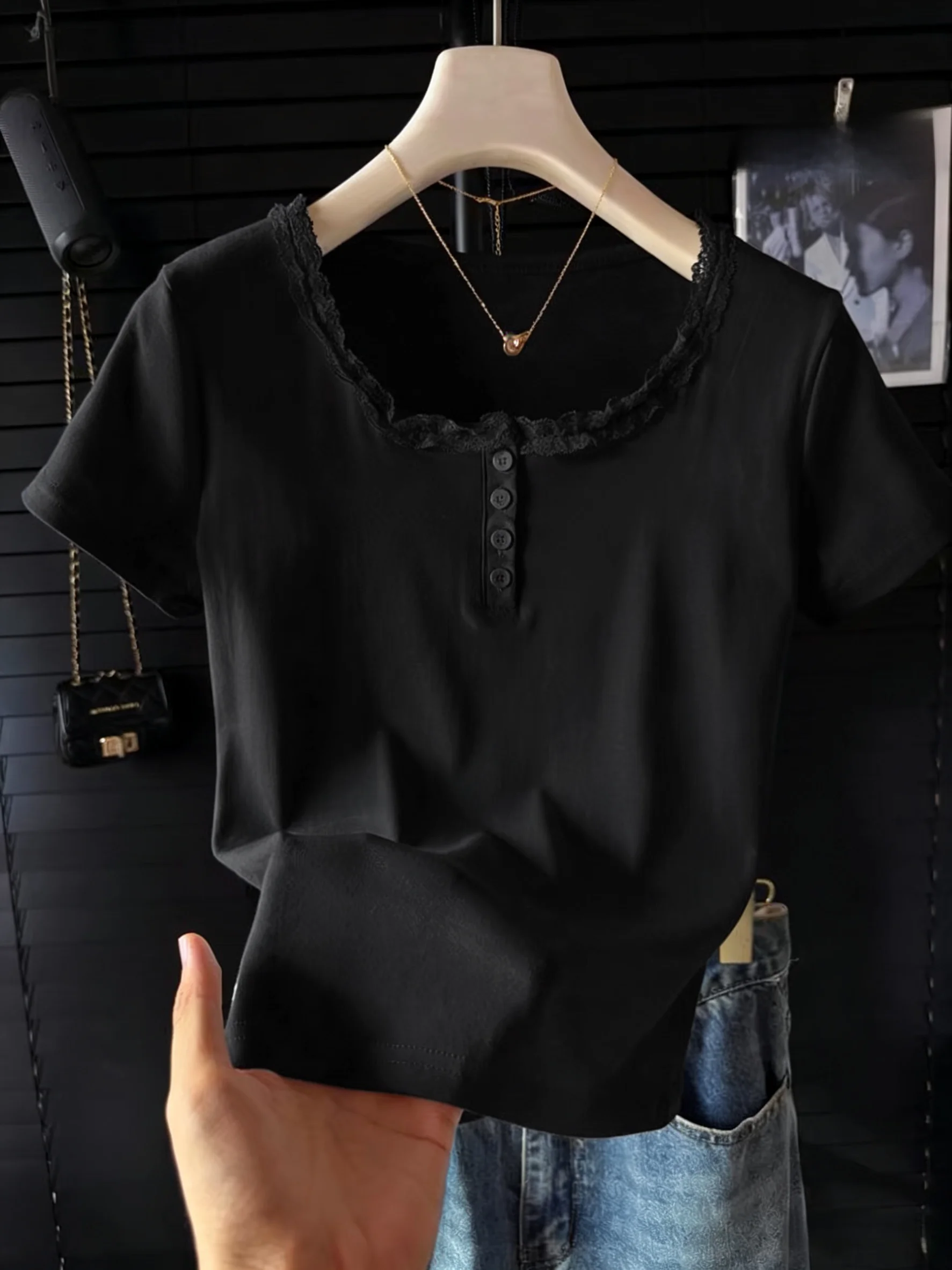 Women's Slim Fit Short Sleeve T-Shirt Lace Buttons Cotton Blend Summer New Style plus Size Big MM Shoulder Level White Hot Girl
