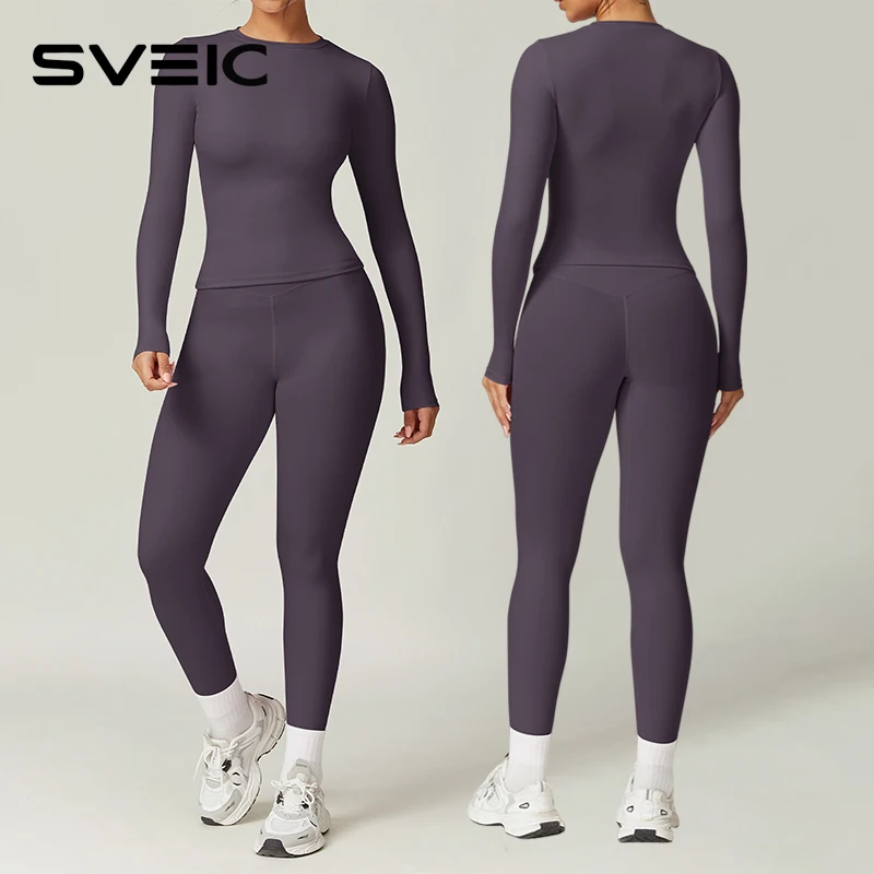 SVEIC Long Sleeves Yoga Set Leggings Sports Top Breathable Fitness Women's Tracksuit Workout Training Two Piece Suit Gym Clothes