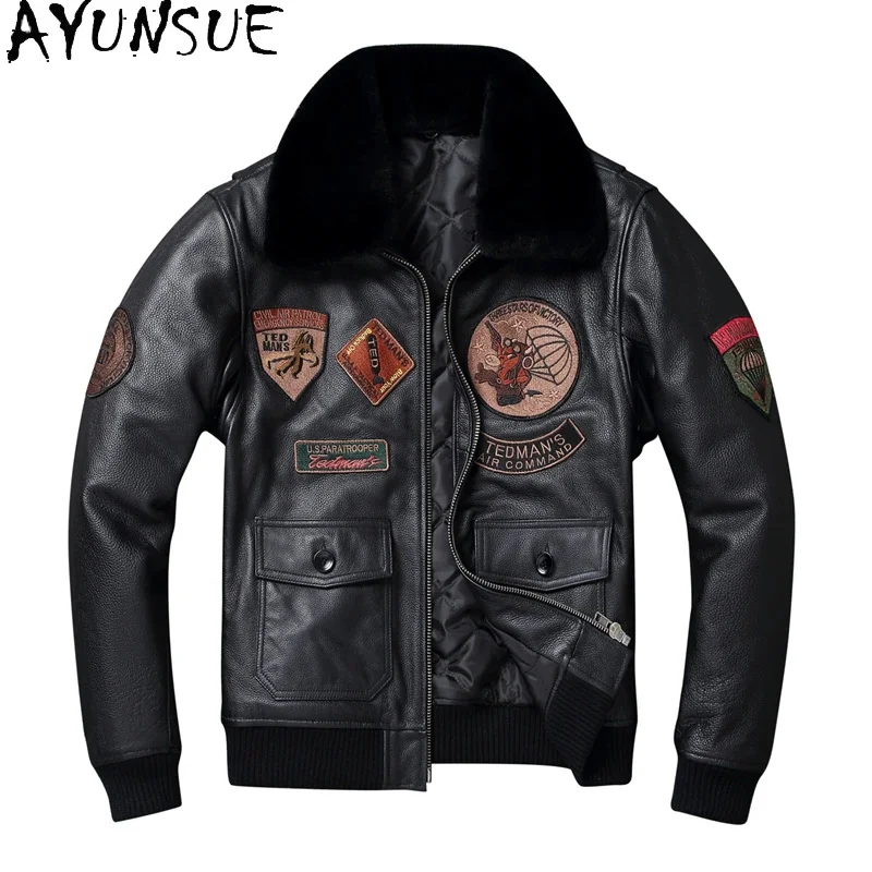 AYUNSUE Winter Genuine Leather Jackets Cowhide Mens Clothing Short Bomber Cotton Liner Black Veste Cuire Homme