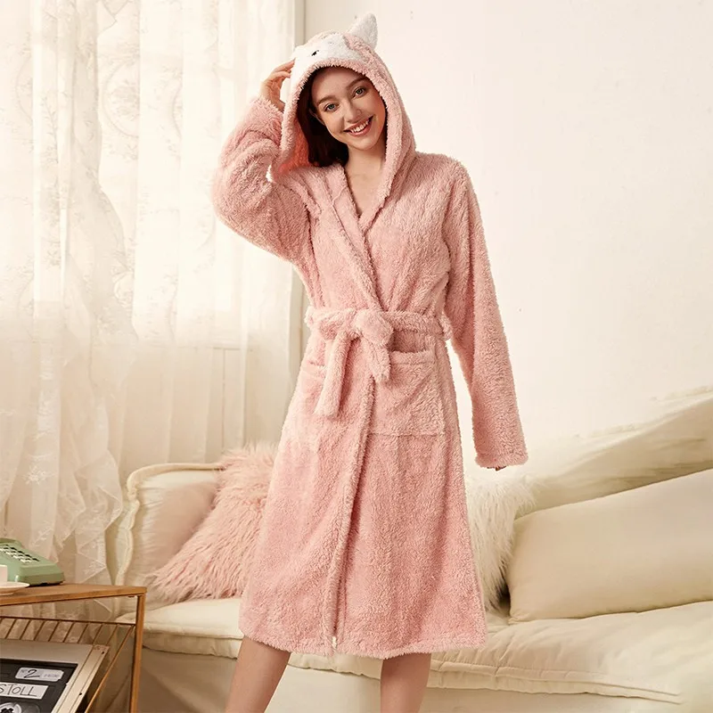 

Women's Flannel Hoodie Nightgown With Fox Ears Long-Sleeve V-Neck Front Belt Robe Cute And Warm Relaxed Fit Winter Bathrobe Pjs