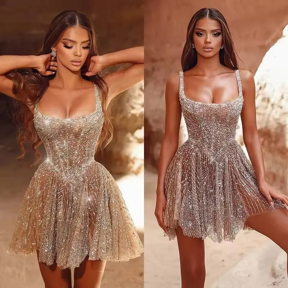Sexy Mini A-line Graduation Ball Dress Shiny Square Neck and Thin Strap Graduation Dress Cocktail Party Dress Customization image 3