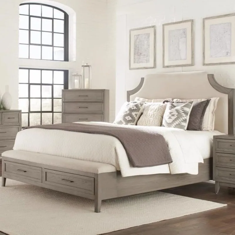 سرير زفاف مزدوج لغرفة النوم الرئيسية الفرنسية القديمة، سرير من خشب الرماد الأمريكي بطول 1.51.8 متر، سرير فيلا من الخشب الصلب القديم #3