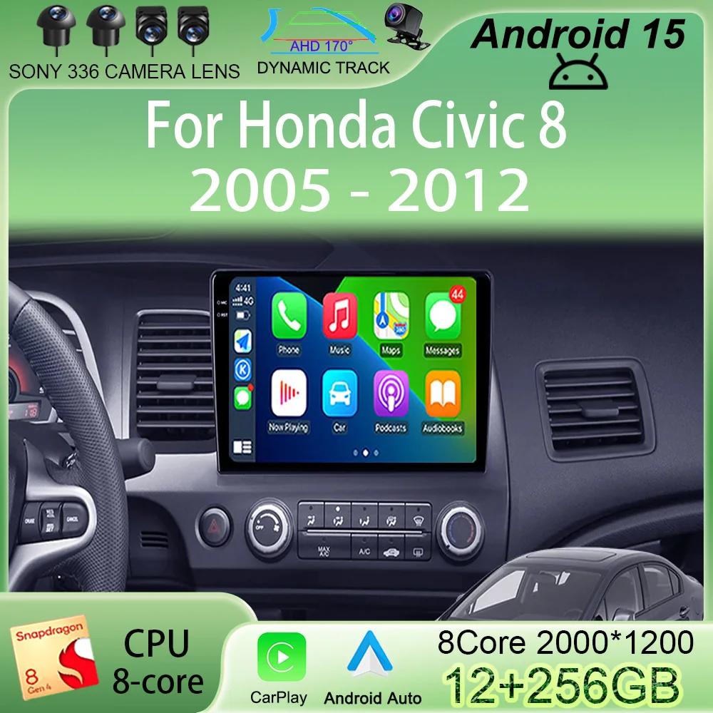 

9“ Car Stereo Radio Multimedia Player Android 15 For Honda Civic 8 2005 2006-2012 GPS Head Unit 4G WIFI Carplay Auto 360 camera