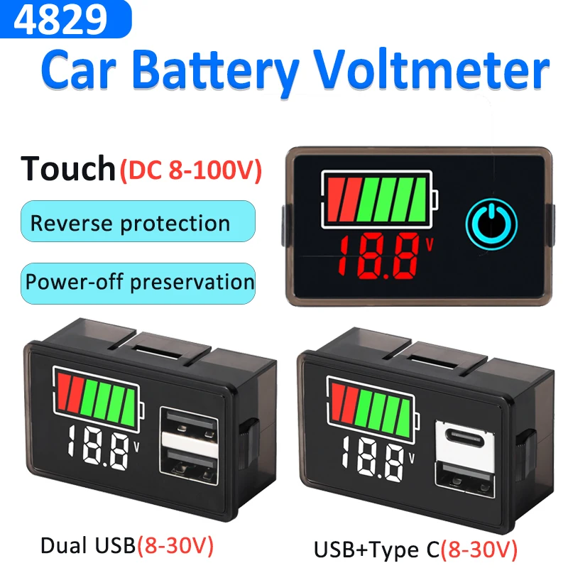 DC8-30V/100V Car Battery Voltmeter Battery Charge Level Indicator Lead-acid Lithium Universal Battery Capacity Meter LED Tester