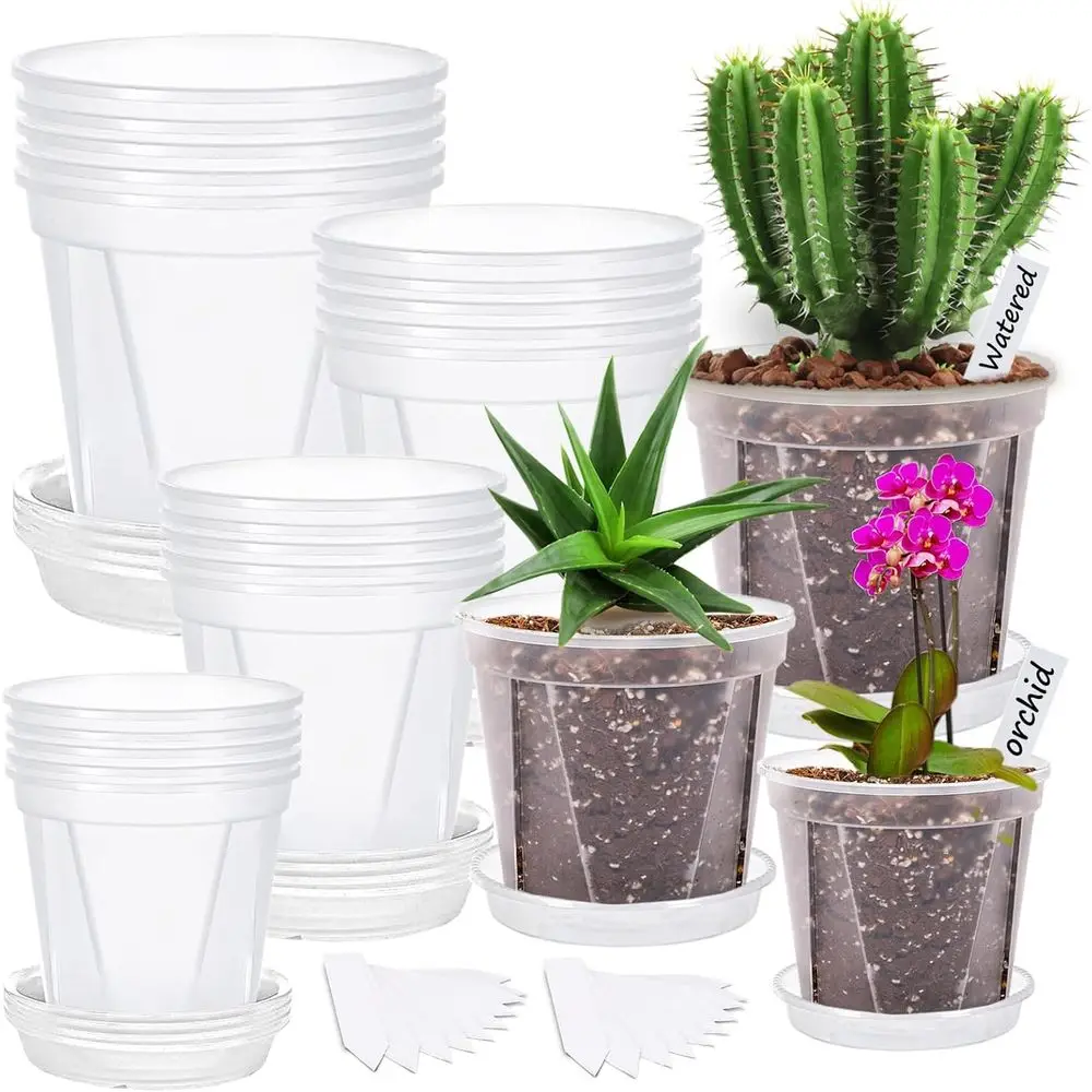 40 Pack Clear Plastic Nursery Pots with Saucer, 4 Sizes, Drainage Holes, Ideal for Herbs, Succulents, Plants, 100 Labels, Indoor
