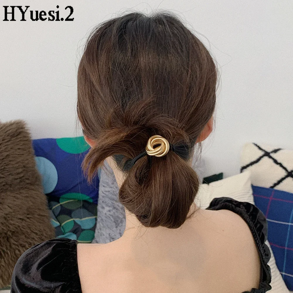 Simple Gold Color Twisted Charms Hair Ties Elastic Metal Geometric Cuff Ponytail Holders Hair Ropes For Women Girls