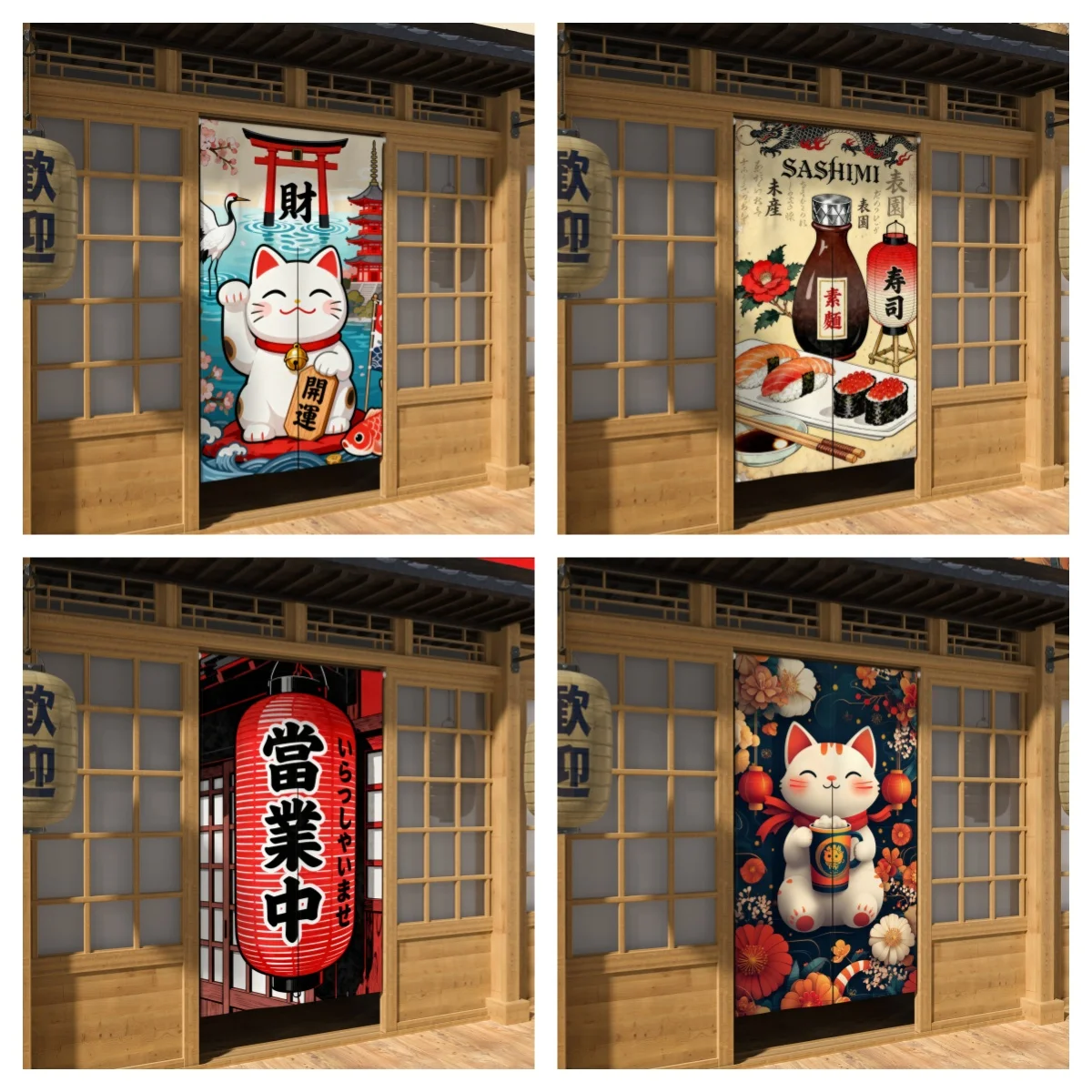 Cortinas Noren de Estilo Japonés con Estampado de Gato de la Suerte y Sushi Sashimi, Cortinas de Lino para Puerta, Cortinas Separadas para Comedor Izakaya